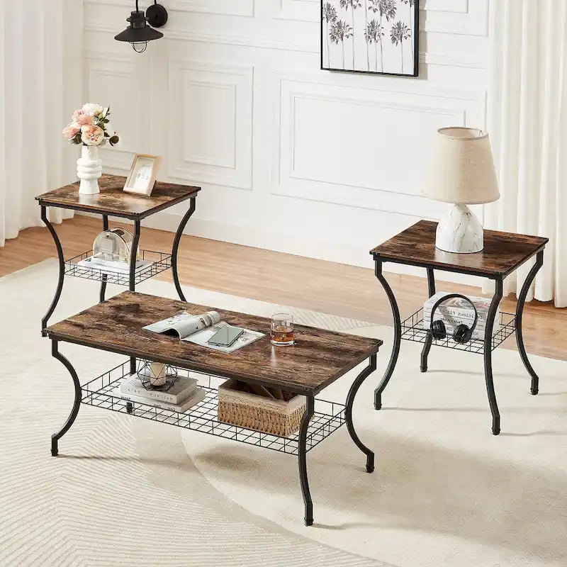Ensemble de 3 tables basses d'appoint, style vintage avec 2 tables de bout