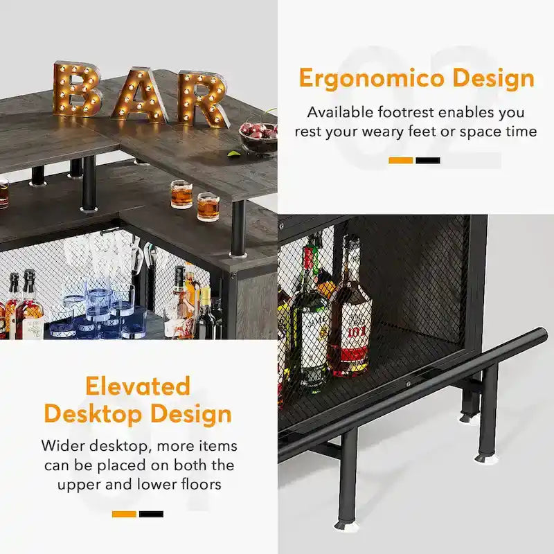 Meuble de bar d'angle en L, table de bar à liqueurs avec rangement à 2 niveaux - N/A