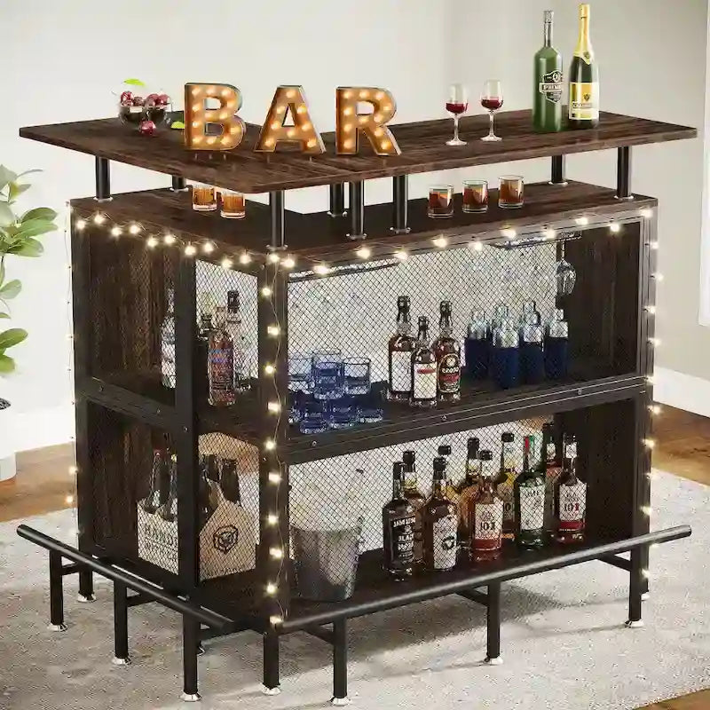 Meuble de bar d'angle en L, table de bar à liqueurs avec rangement à 2 niveaux - N/A