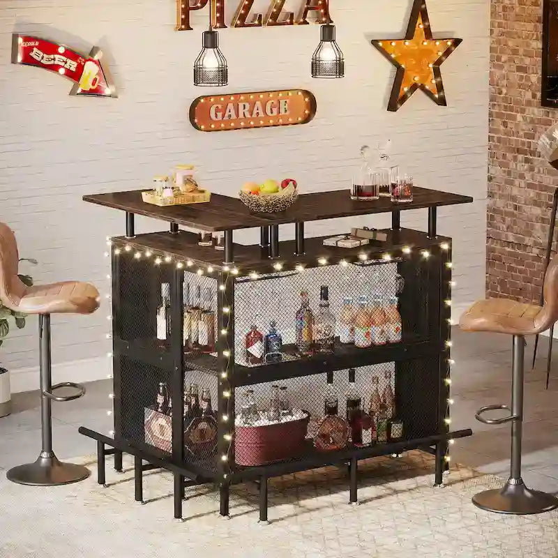 Meuble de bar d'angle en L, table de bar à liqueurs avec rangement à 2 niveaux - N/A