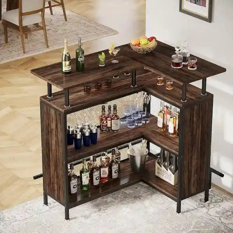 Meuble de bar d'angle en L, table de bar à liqueurs avec rangement à 2 niveaux - N/A