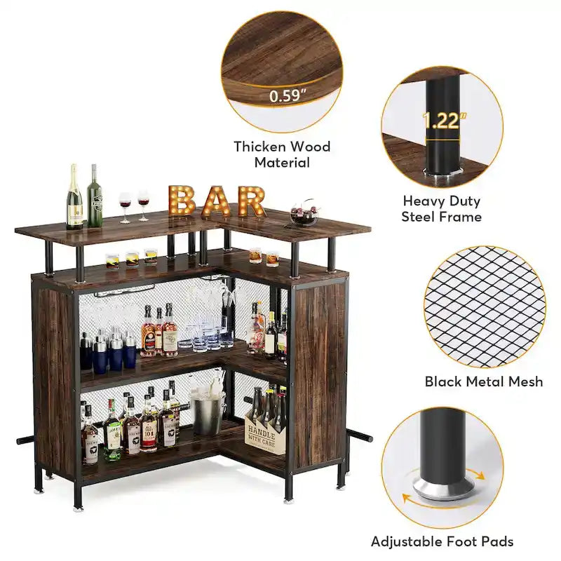 Meuble de bar d'angle en L, table de bar à liqueurs avec rangement à 2 niveaux - N/A