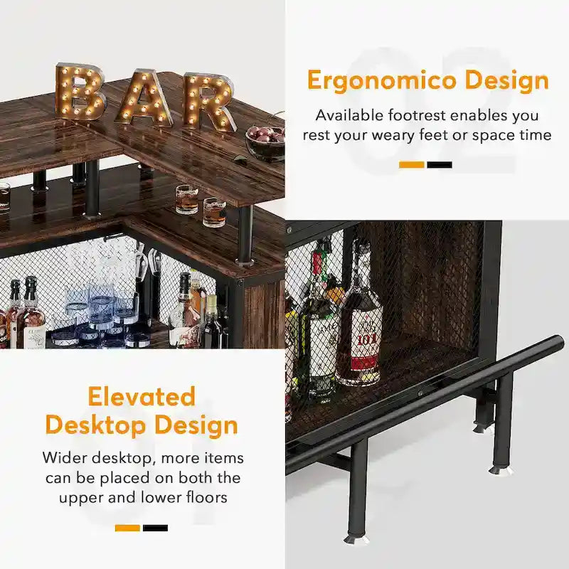 Meuble de bar d'angle en L, table de bar à liqueurs avec rangement à 2 niveaux - N/A