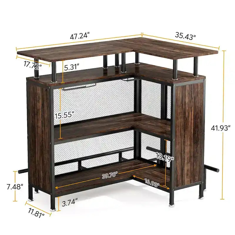 Meuble de bar d'angle en L, table de bar à liqueurs avec rangement à 2 niveaux - N/A