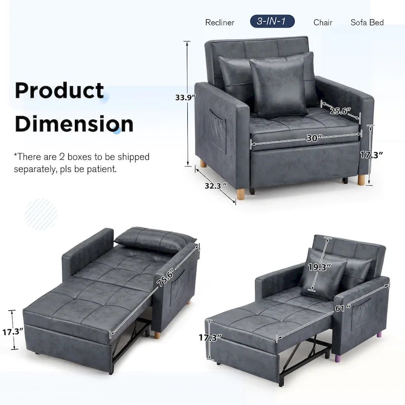 AECOJOY Lit Chaise Longue Ajustable 3-en-1 Canapé Futon Convertible