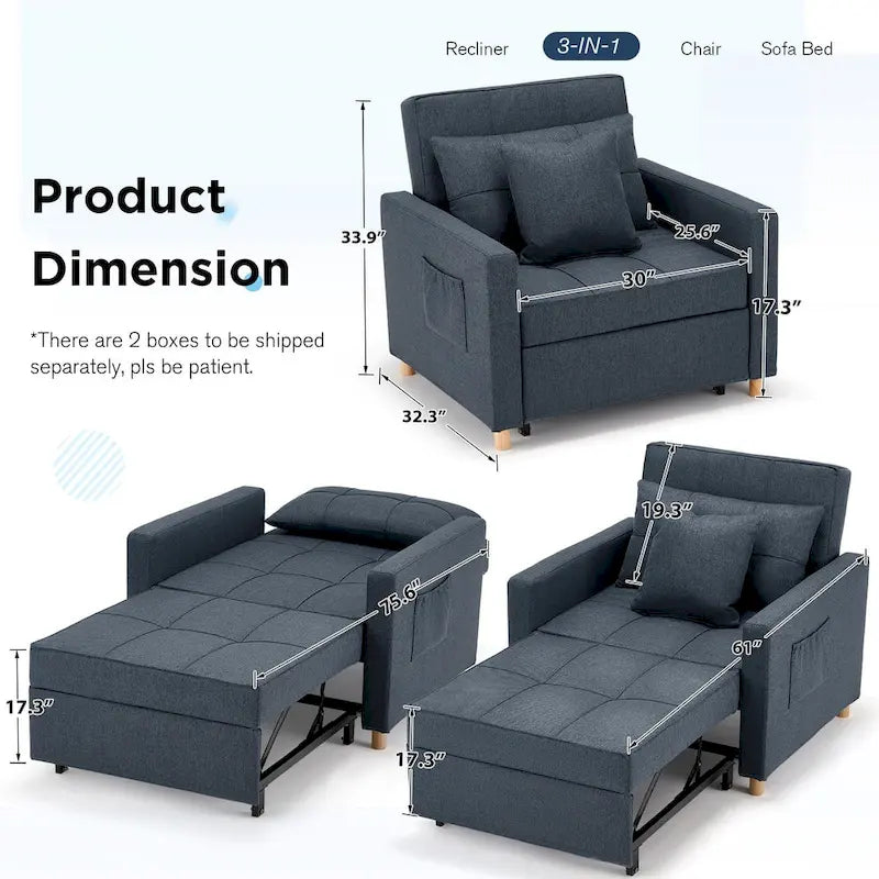 AECOJOY Lit Chaise Longue Ajustable 3-en-1 Canapé Futon Convertible