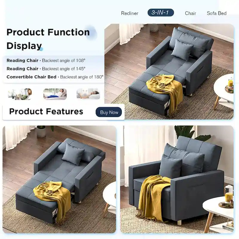 AECOJOY Lit Chaise Longue Ajustable 3-en-1 Canapé Futon Convertible