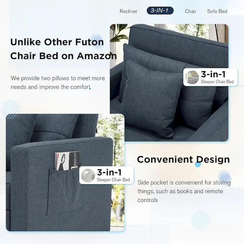 AECOJOY Lit Chaise Longue Ajustable 3-en-1 Canapé Futon Convertible