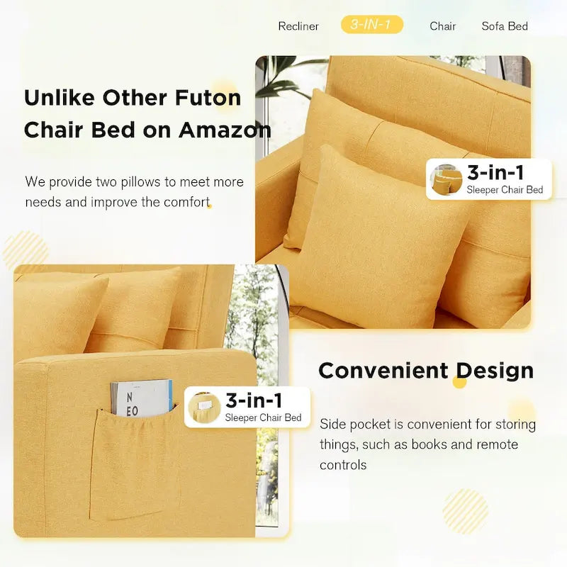 AECOJOY Lit Chaise Longue Ajustable 3-en-1 Canapé Futon Convertible