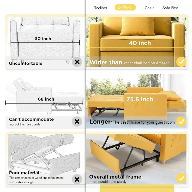 AECOJOY Lit Chaise Longue Ajustable 3-en-1 Canapé Futon Convertible