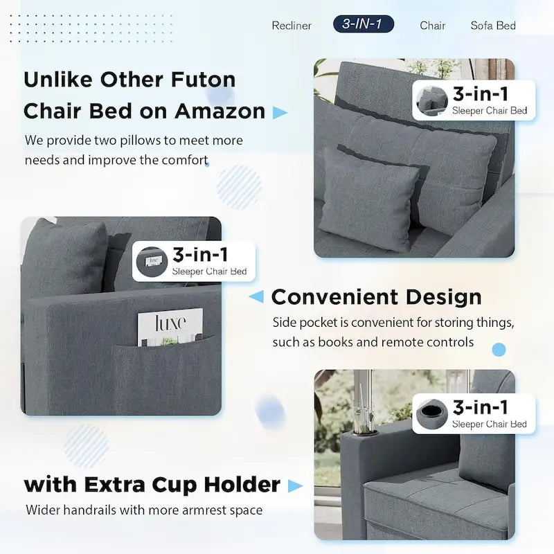 AECOJOY Lit Chaise Longue Ajustable 3-en-1 Canapé Futon Convertible