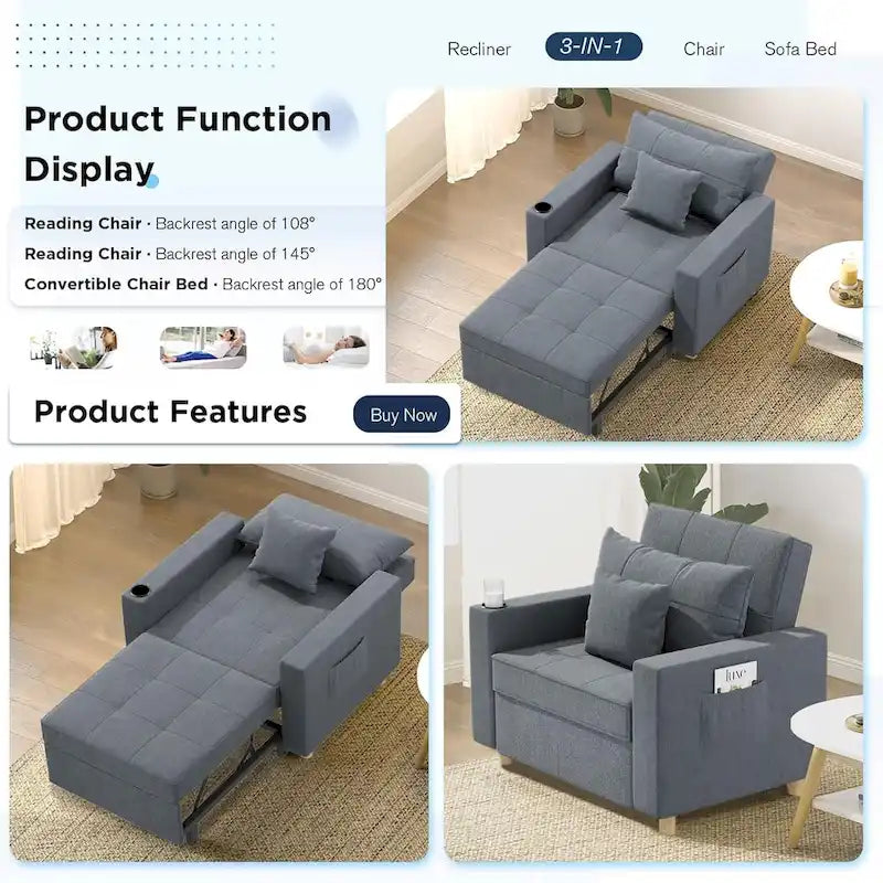 AECOJOY Lit Chaise Longue Ajustable 3-en-1 Canapé Futon Convertible