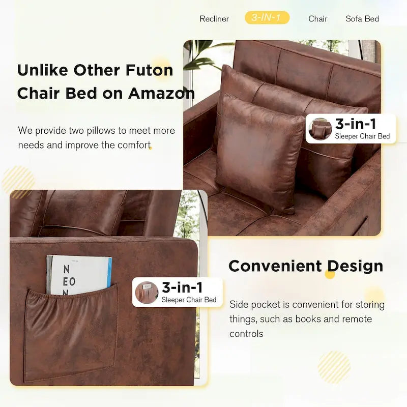 AECOJOY Lit Chaise Longue Ajustable 3-en-1 Canapé Futon Convertible