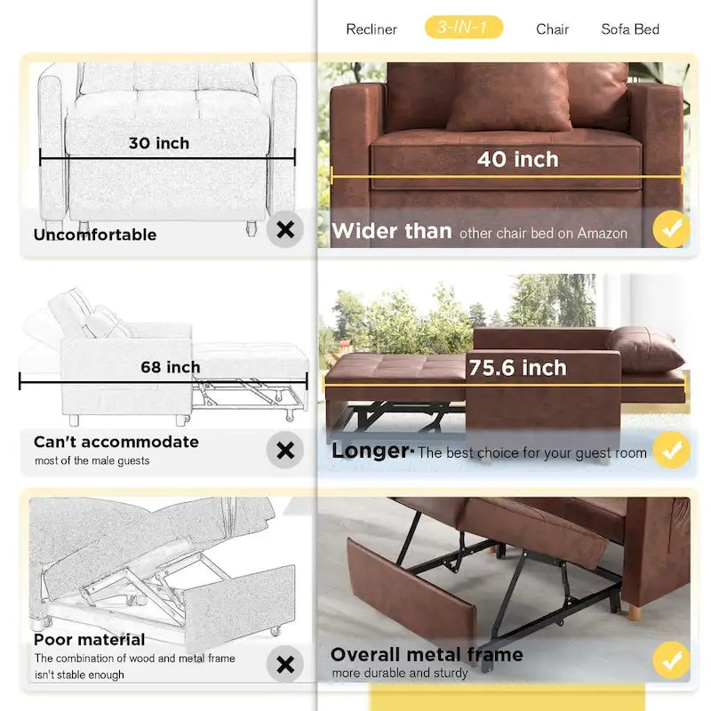 AECOJOY Lit Chaise Longue Ajustable 3-en-1 Canapé Futon Convertible