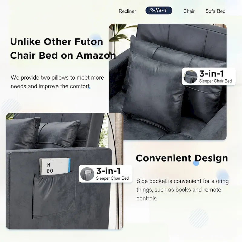 AECOJOY Lit Chaise Longue Ajustable 3-en-1 Canapé Futon Convertible