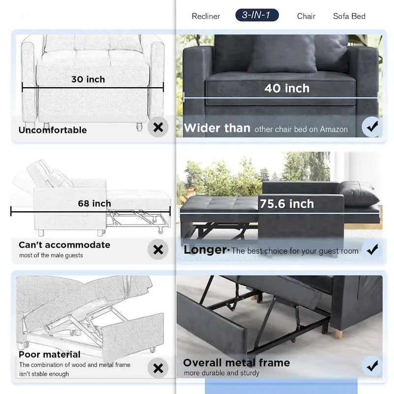 AECOJOY Lit Chaise Longue Ajustable 3-en-1 Canapé Futon Convertible