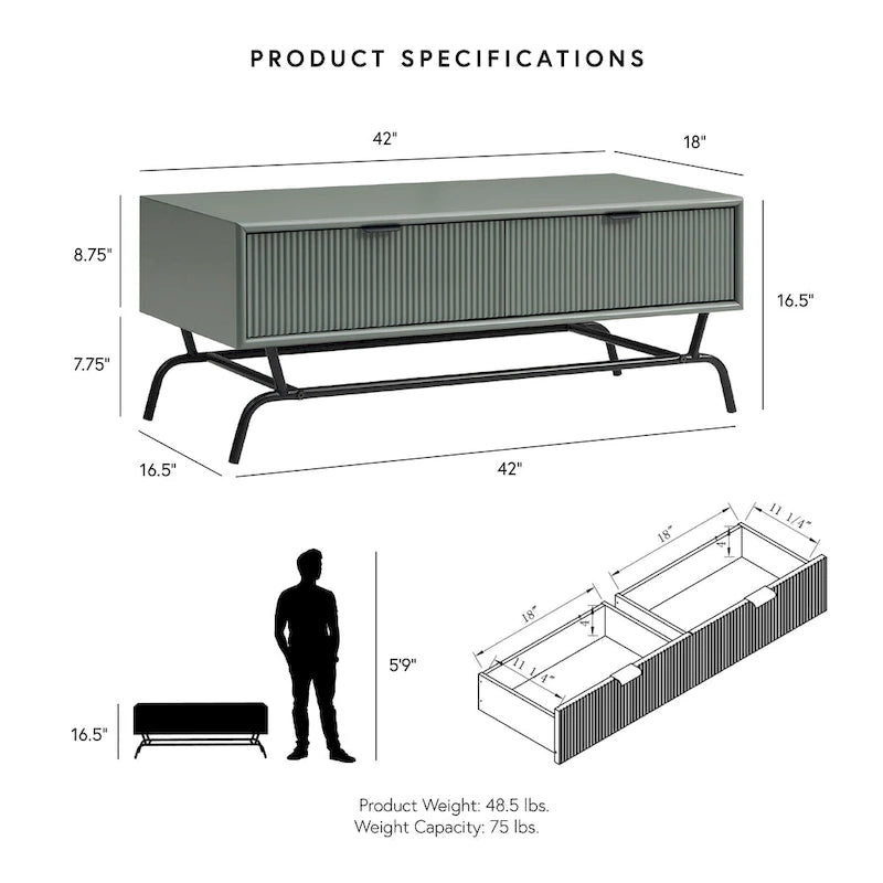 Table basse Denhour DH BASIC Modern 2 tiroirs de 42 pouces avec pieds en métal