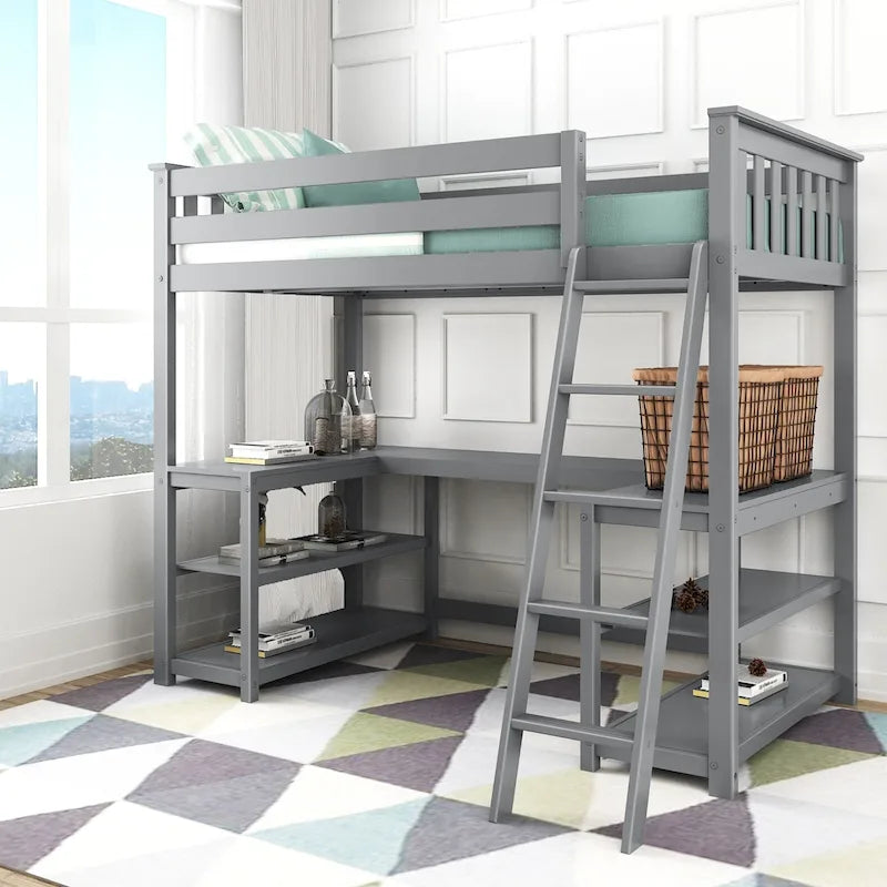 Lit mezzanine haut pour enfants Max and Lily, taille double, avec bureau et étagères intégrés