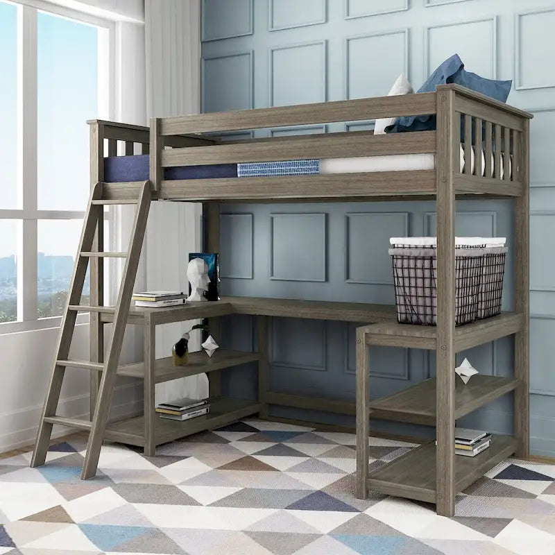 Lit mezzanine haut pour enfants Max and Lily, taille double, avec bureau et étagères intégrés