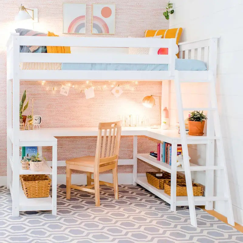 Lit mezzanine haut pour enfants Max and Lily, taille double, avec bureau et étagères intégrés