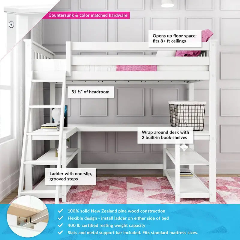 Lit mezzanine haut pour enfants Max and Lily, taille double, avec bureau et étagères intégrés