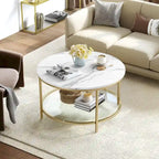 Table basse ronde à motif marbre blanc avec plateau en verre et cadre doré à 2 niveaux