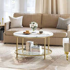 Table basse ronde à motif marbre blanc avec plateau en verre et cadre doré à 2 niveaux