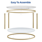 Table basse ronde à motif marbre blanc avec plateau en verre et cadre doré à 2 niveaux
