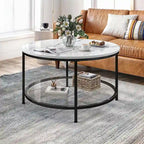Table basse ronde à motif marbre blanc avec plateau en verre et cadre doré à 2 niveaux
