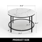 Table basse ronde à motif marbre blanc avec plateau en verre et cadre doré à 2 niveaux
