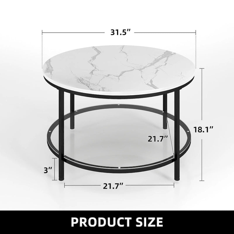 Table basse ronde à motif marbre blanc avec plateau en verre et cadre doré à 2 niveaux