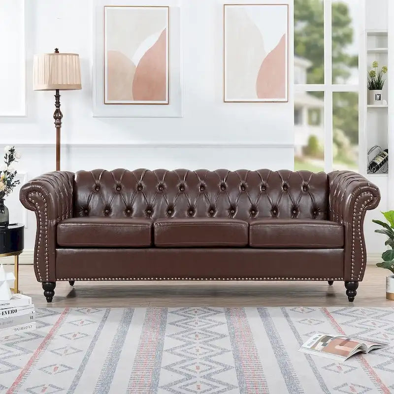 Canapé Chesterfield capitonné en similicuir avec accoudoirs roulés de 84,65 po