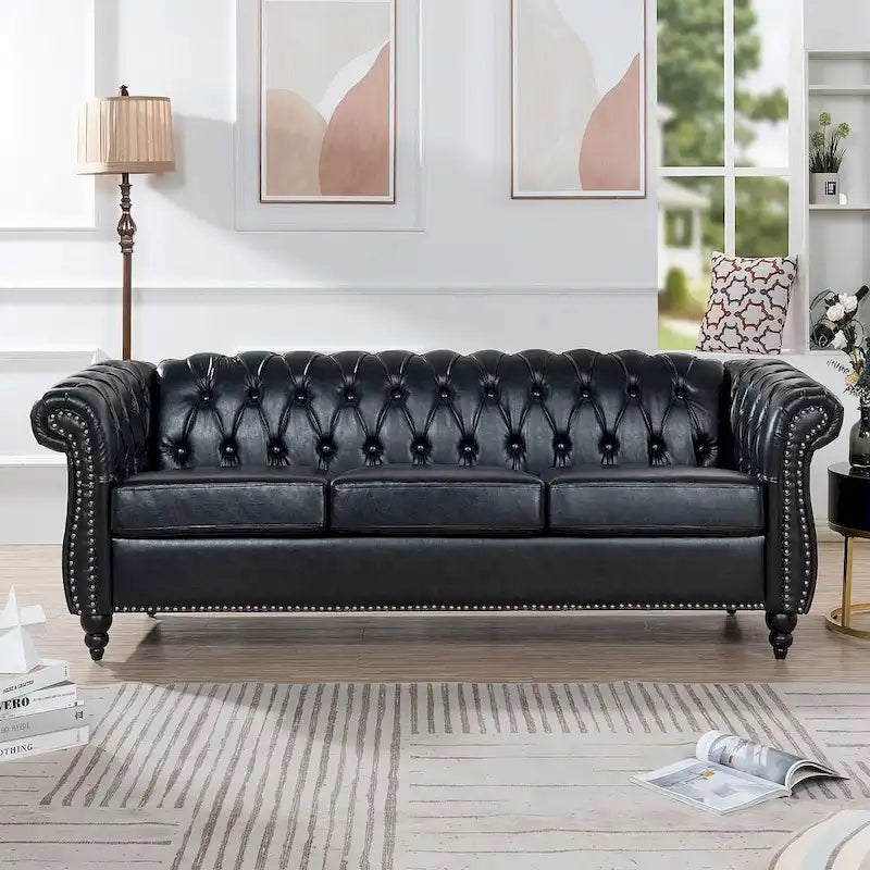 Canapé Chesterfield capitonné en similicuir avec accoudoirs roulés de 84,65 po