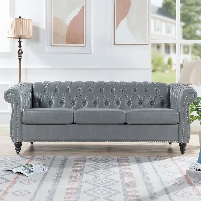 Canapé Chesterfield capitonné en similicuir avec accoudoirs roulés de 84,65 po