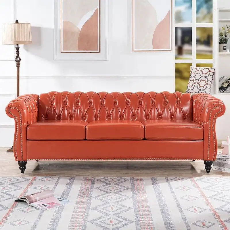 Canapé Chesterfield capitonné en similicuir avec accoudoirs roulés de 84,65 po