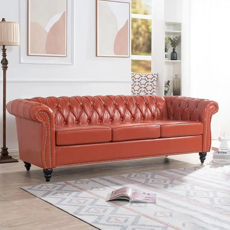 Canapé Chesterfield capitonné en similicuir avec accoudoirs roulés de 84,65 po