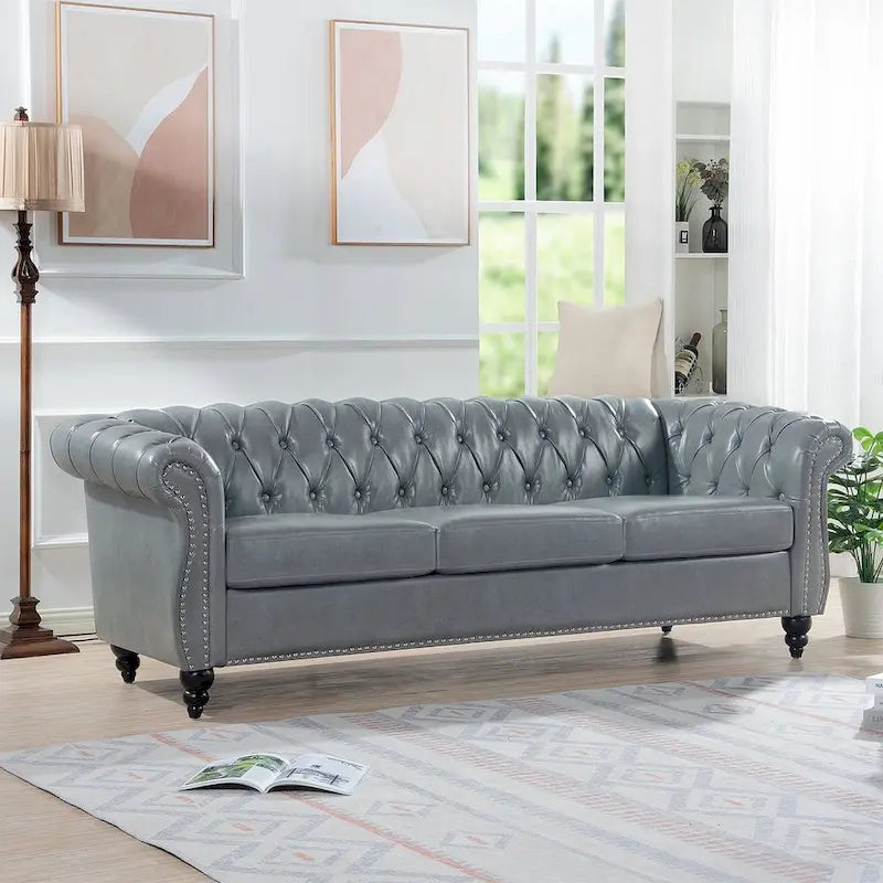 Canapé Chesterfield capitonné en similicuir avec accoudoirs roulés de 84,65 po