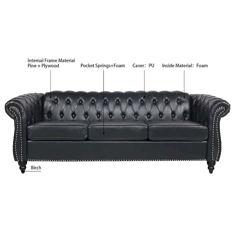 Canapé Chesterfield capitonné en similicuir avec accoudoirs roulés de 84,65 po