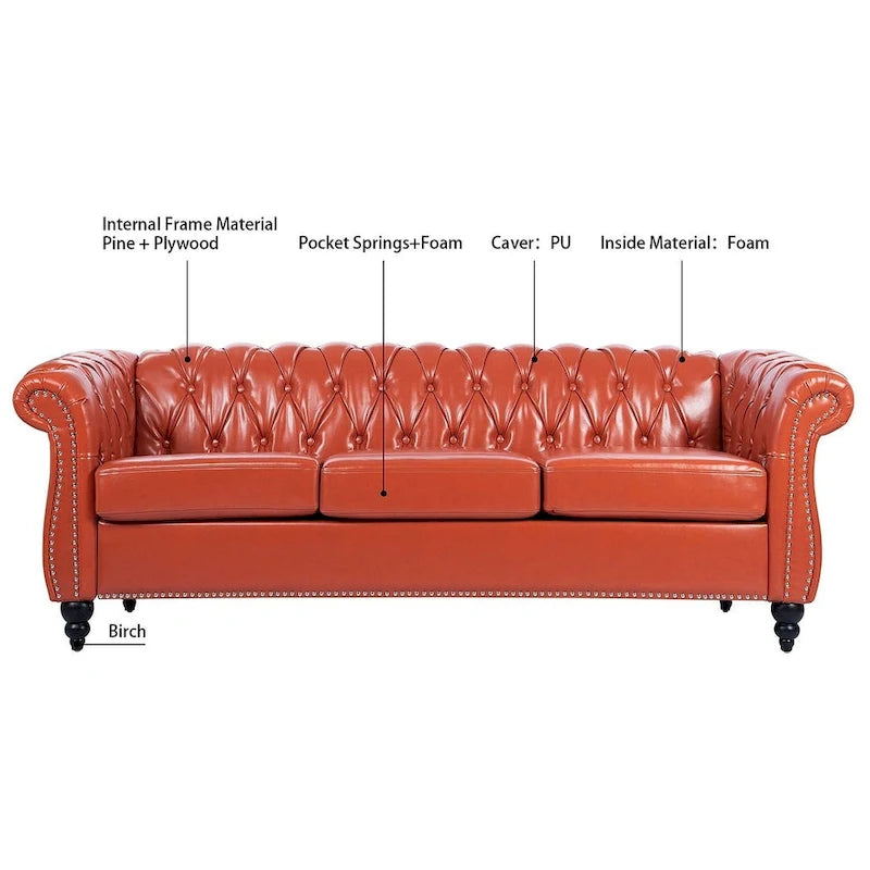 Canapé Chesterfield capitonné en similicuir avec accoudoirs roulés de 84,65 po