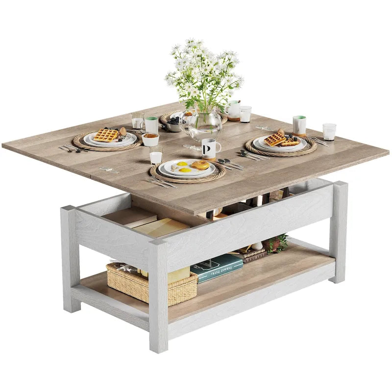 Table basse relevable Moasis avec plateau extensible, rangement dissimulé et étagères
