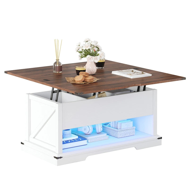 Table basse relevable Moasis avec plateau extensible, rangement dissimulé et étagères