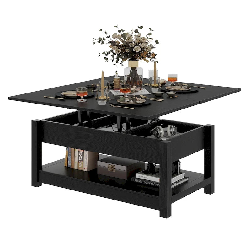 Table basse relevable Moasis avec plateau extensible, rangement dissimulé et étagères