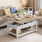 Table basse relevable Moasis avec plateau extensible, rangement dissimulé et étagères