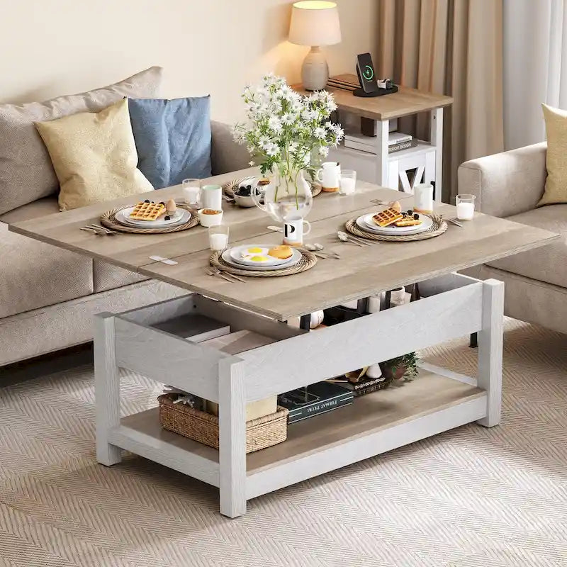 Table basse relevable Moasis avec plateau extensible, rangement dissimulé et étagères