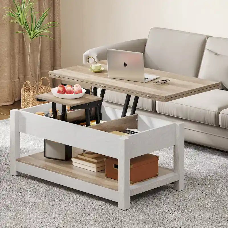 Table basse relevable Moasis avec plateau extensible, rangement dissimulé et étagères