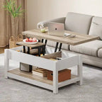 Table basse relevable Moasis avec plateau extensible, rangement dissimulé et étagères