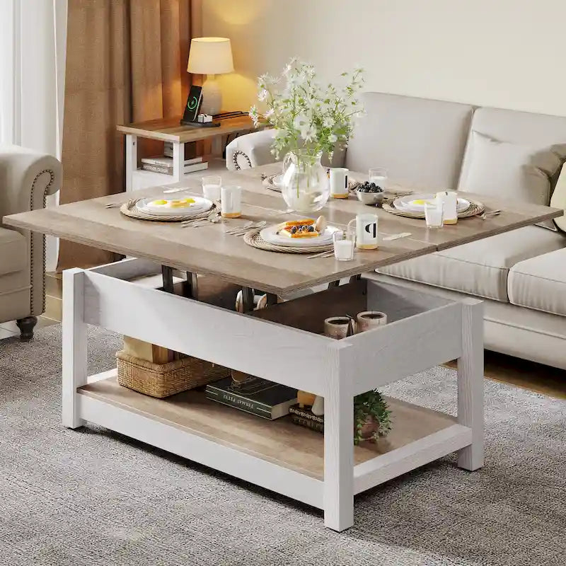 Table basse relevable Moasis avec plateau extensible, rangement dissimulé et étagères