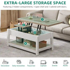 Table basse relevable Moasis avec plateau extensible, rangement dissimulé et étagères