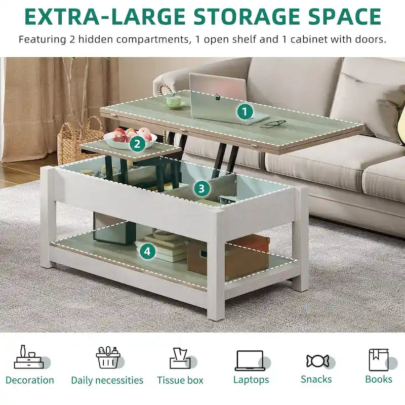 Table basse relevable Moasis avec plateau extensible, rangement dissimulé et étagères