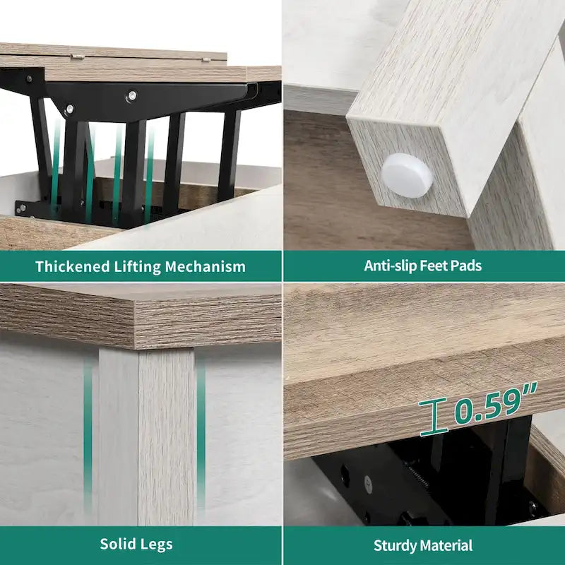 Table basse relevable Moasis avec plateau extensible, rangement dissimulé et étagères
